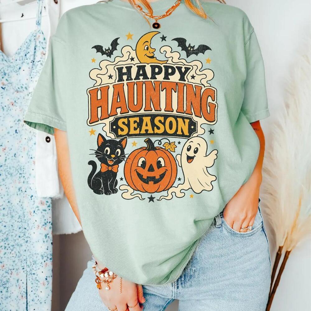 Happy Haunting Season Retro Halloween Spooky Cat T Shirt